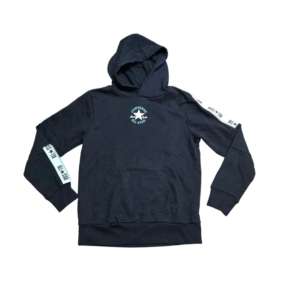 Converse All Star Kids Black Pullover Hoodie Chuck Taylor Logo Tape Size M 10-12